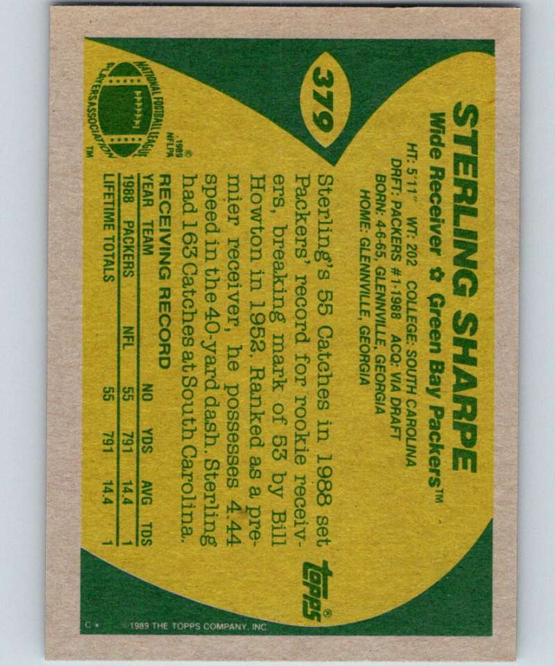 1989 Topps #379 Sterling Sharpe RC Rookie Packers NFL Football