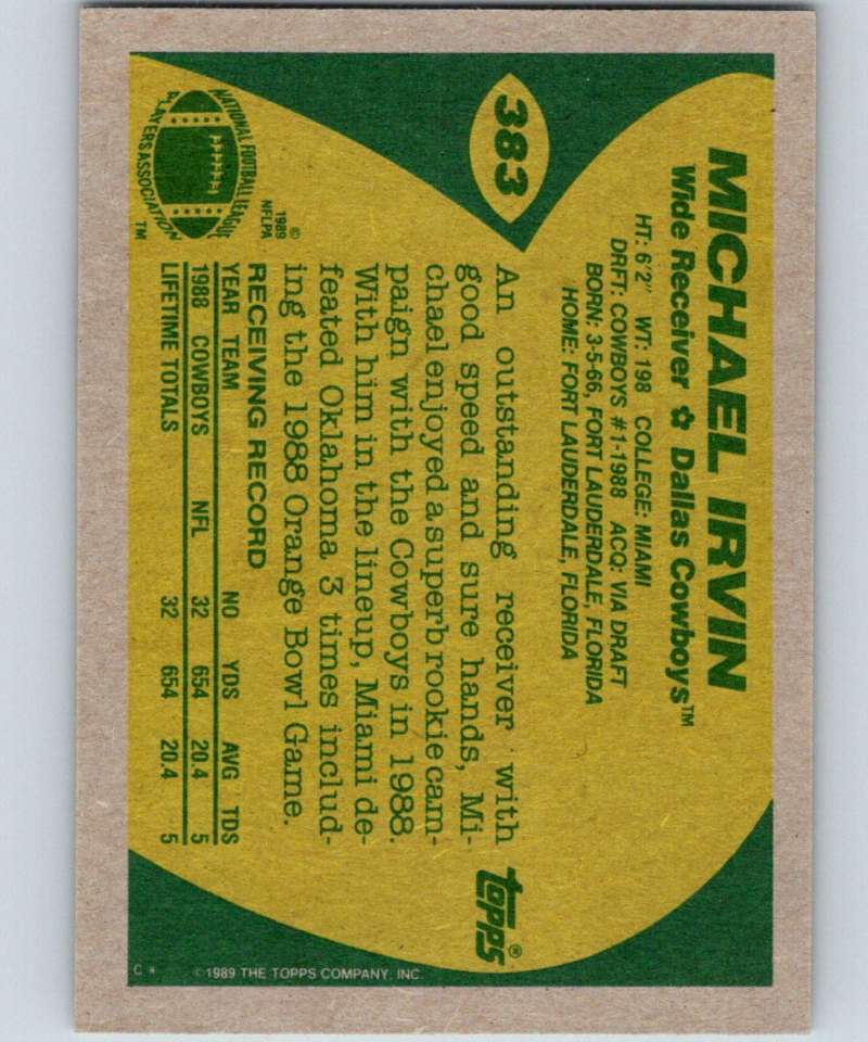1989 Topps #383 Michael Irvin RC Rookie Cowboys NFL Football