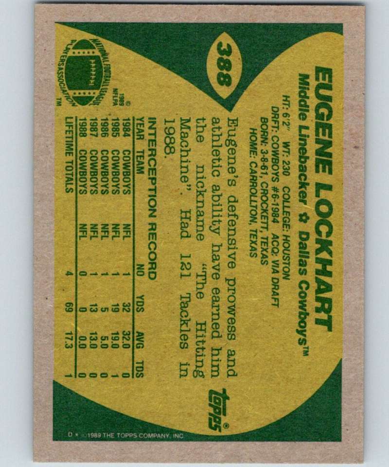 1989 Topps #388 Eugene Lockhart RC Rookie Cowboys NFL Football Image 2