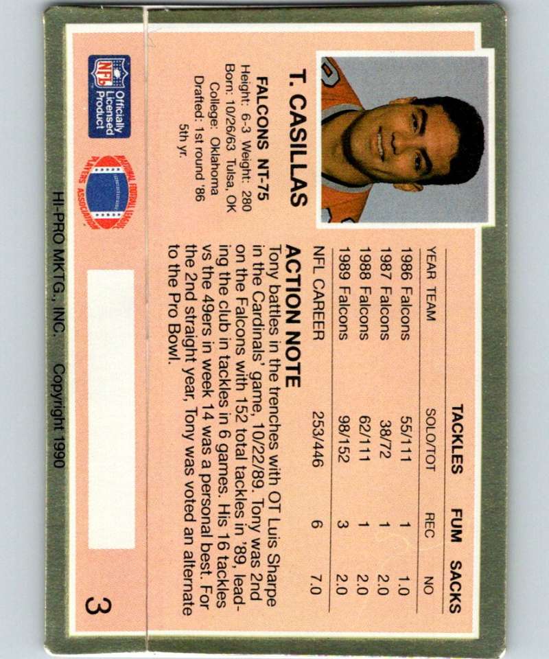 1990 Action Packed #3 Tony Casillas Falcons NFL Football Image 2