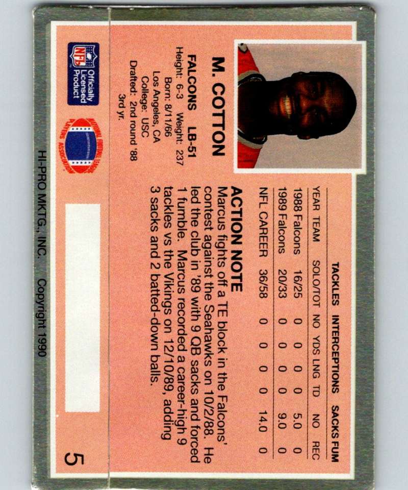 1990 Action Packed #5 Marcus Cotton Falcons NFL Football Image 2