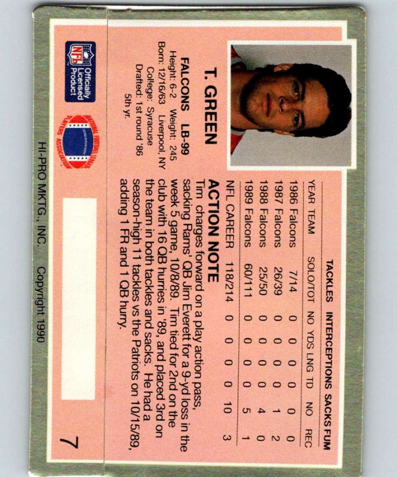 1990 Action Packed #7 Tim Green RC Rookie Falcons NFL Football
