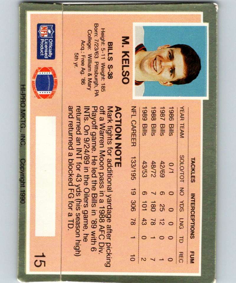 1990 Action Packed #15 Mark Kelso Bills NFL Football Image 2