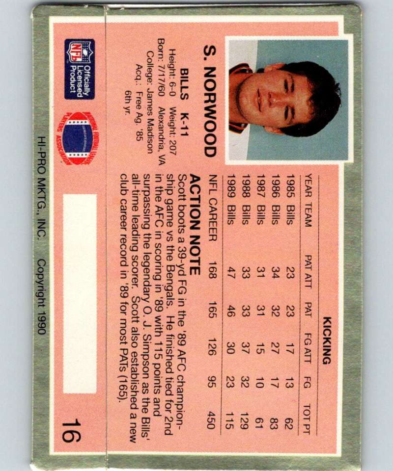 1990 Action Packed #16 Scott Norwood Bills NFL Football Image 2