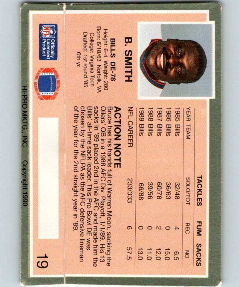 1990 Action Packed #19 Bruce Smith Bills NFL Football Image 2