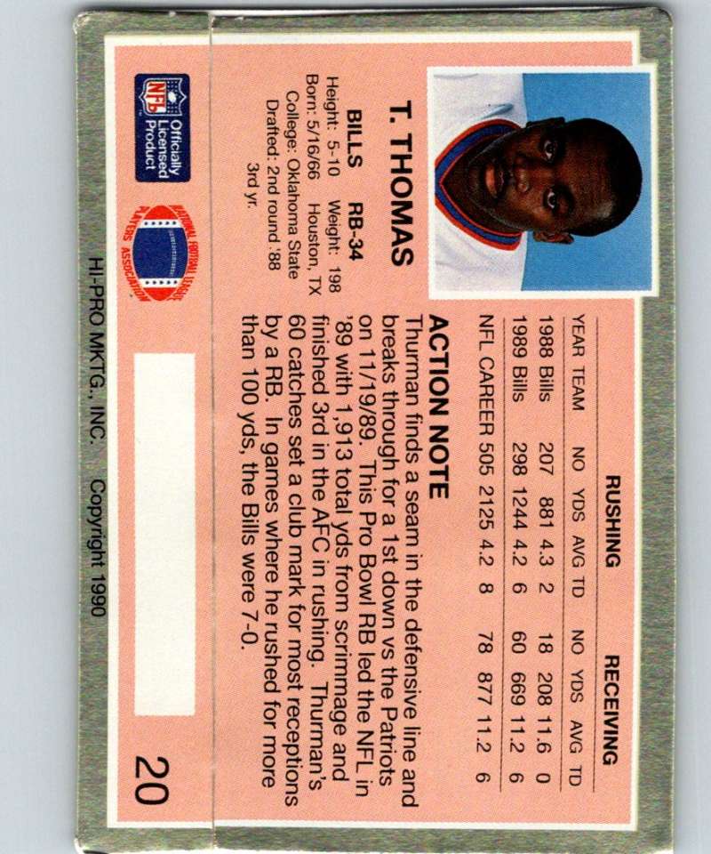 1990 Action Packed #20 Thurman Thomas Bills NFL Football Image 2