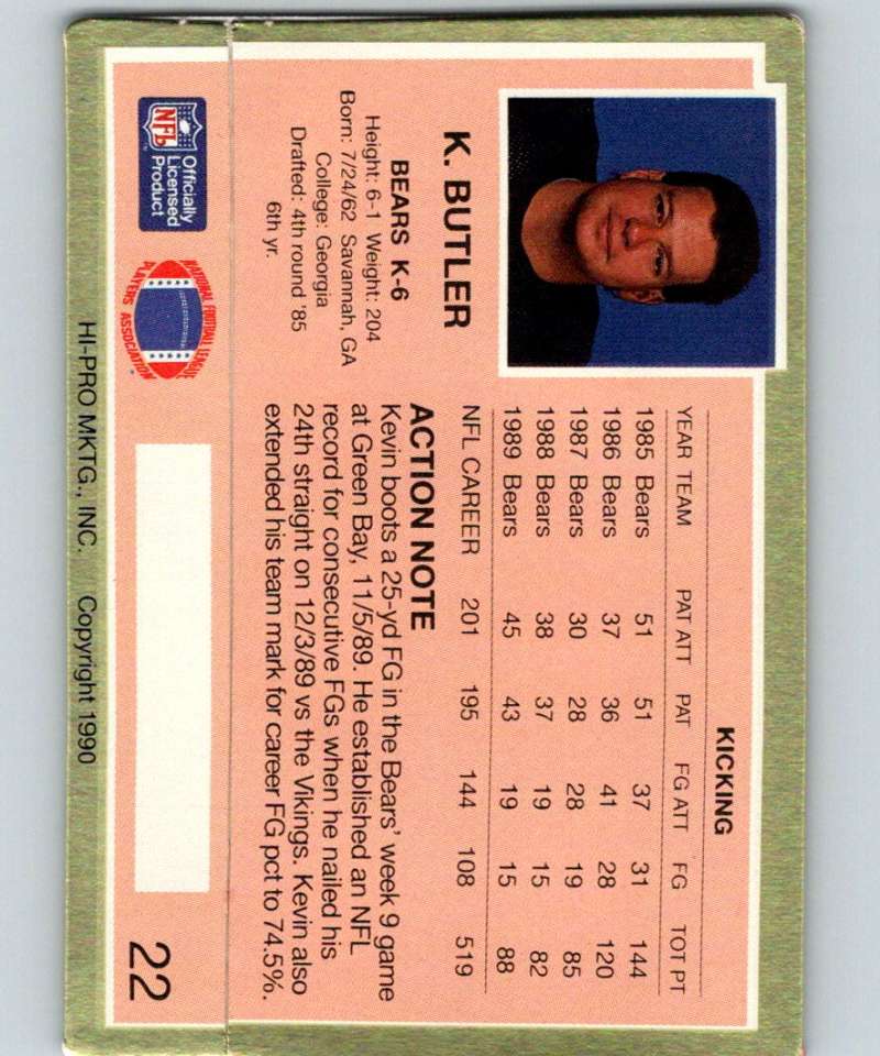 1990 Action Packed #22 Kevin Butler Bears NFL Football Image 2