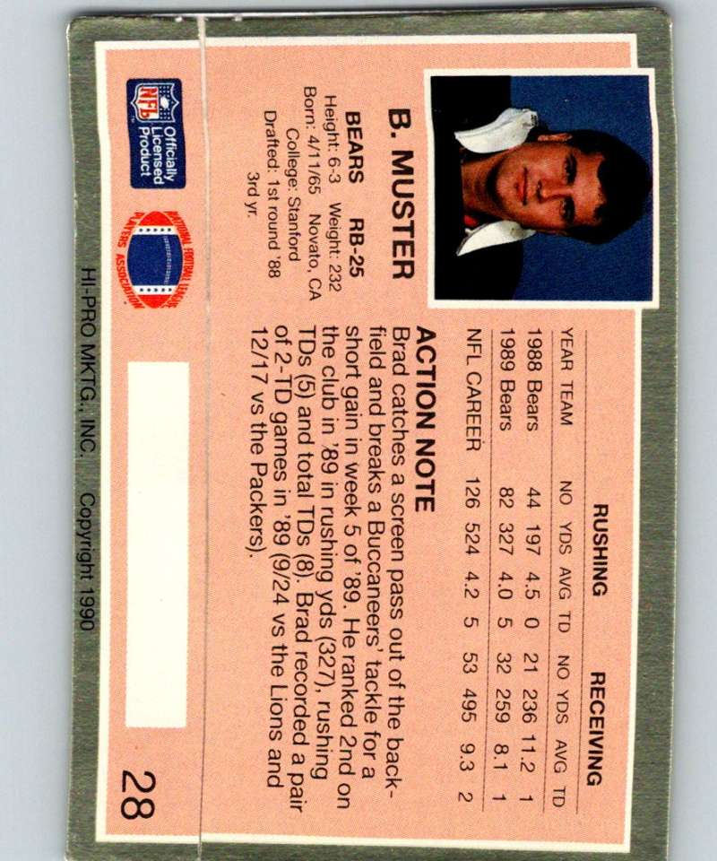 1990 Action Packed #28 Brad Muster Bears NFL Football Image 2