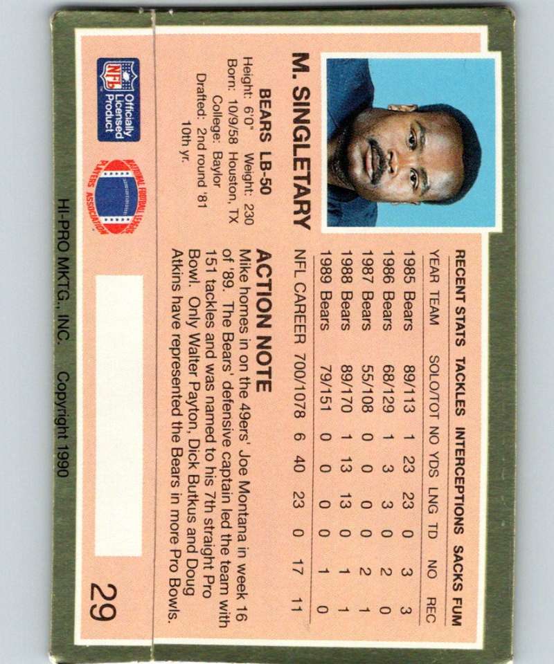 1990 Action Packed #29 Mike Singletary Bears NFL Football Image 2