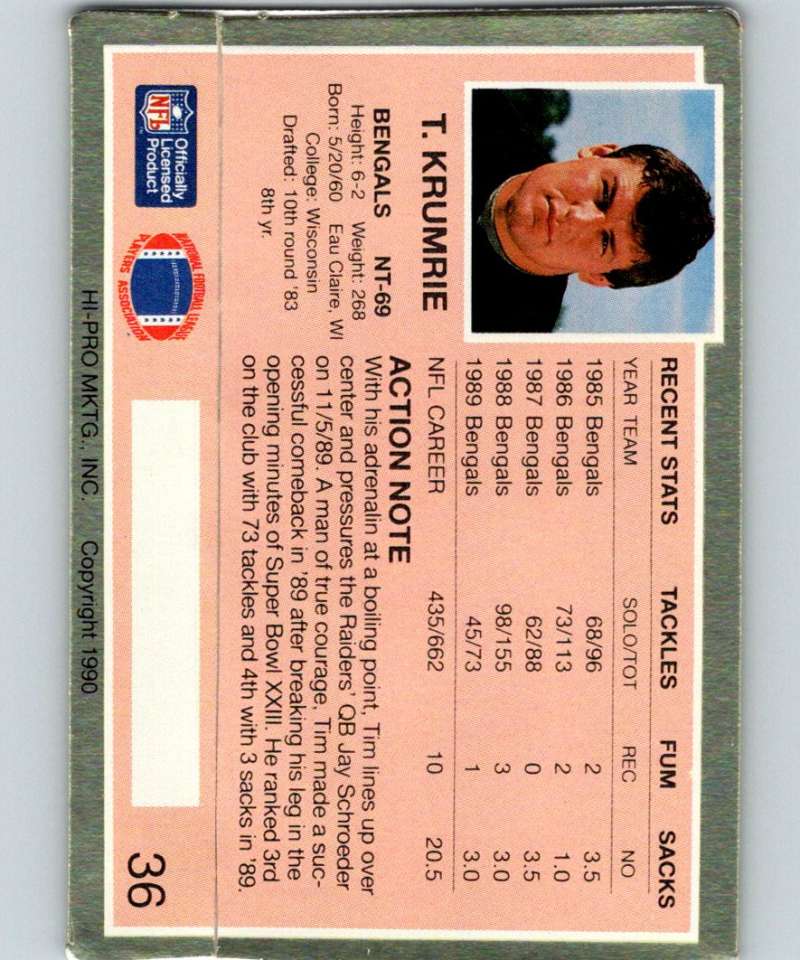 1990 Action Packed #36 Tim Krumrie Bengals NFL Football Image 2