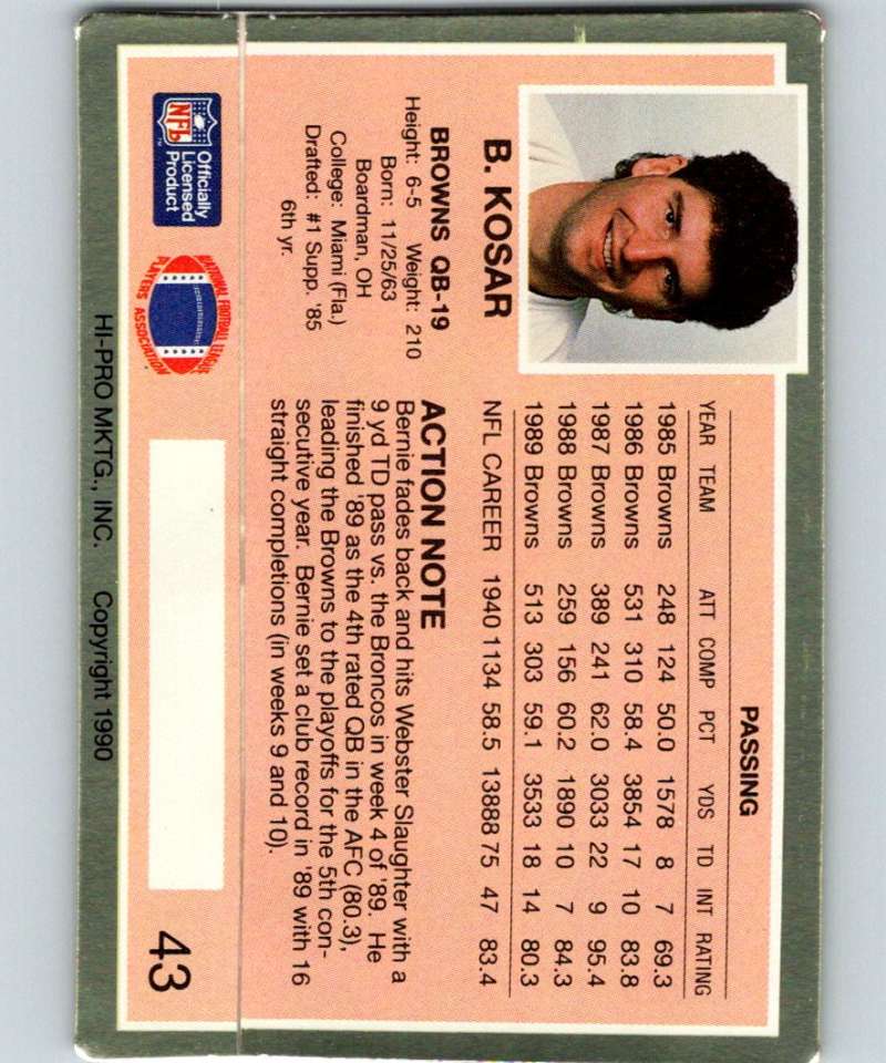 1990 Action Packed #43 Bernie Kosar Browns NFL Football Image 2