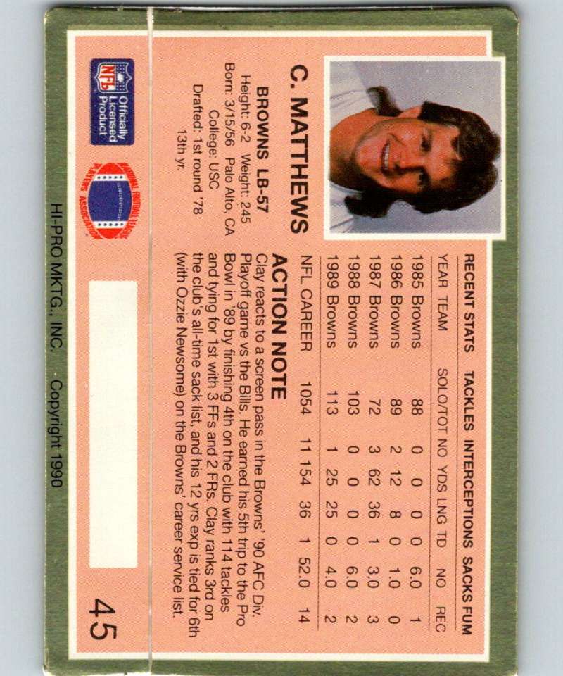 1990 Action Packed #45 Clay Matthews Browns NFL Football Image 2