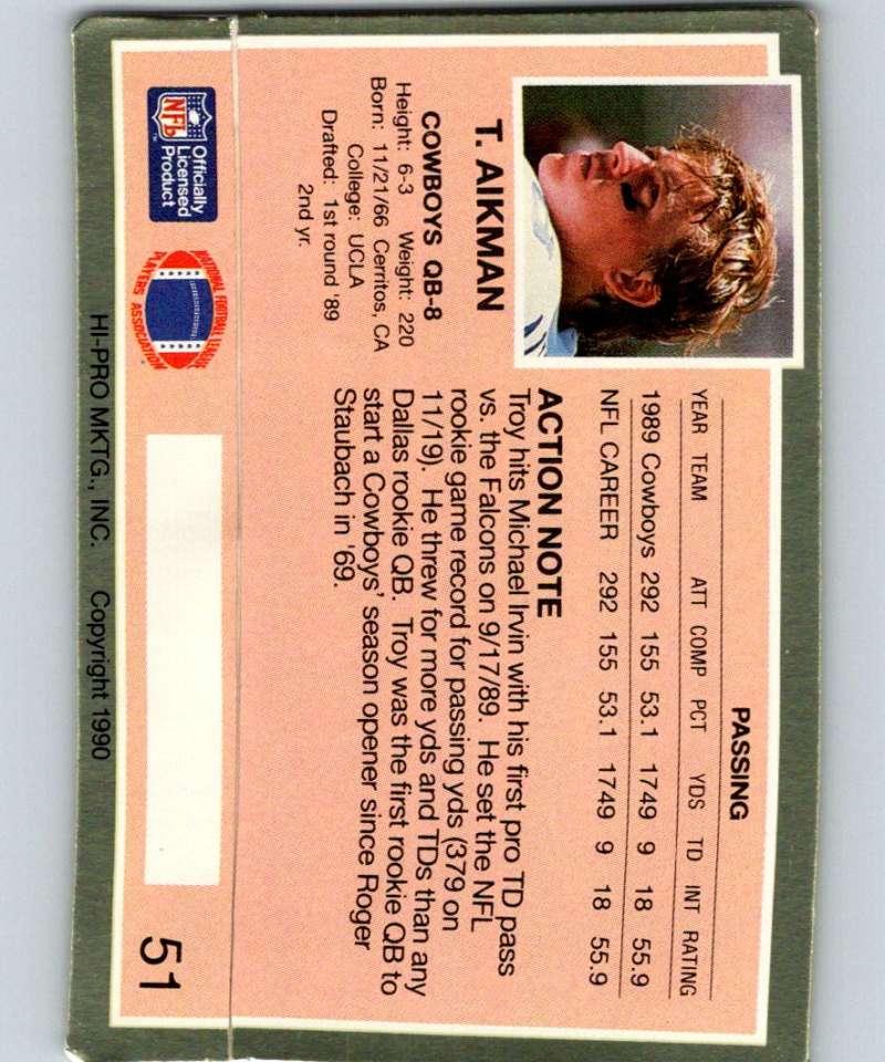 1990 Action Packed #51 Troy Aikman Cowboys NFL Football Image 2