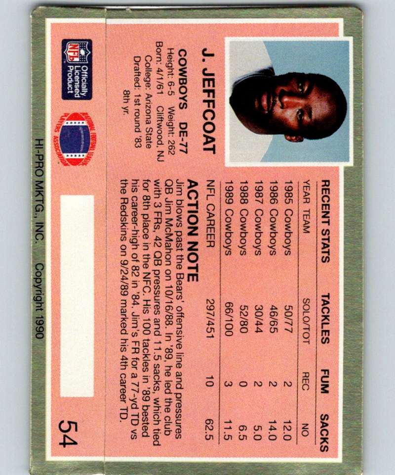 1990 Action Packed #54 Jim Jeffcoat Cowboys NFL Football Image 2