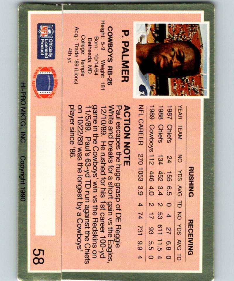 1990 Action Packed #58 Paul Palmer Cowboys NFL Football