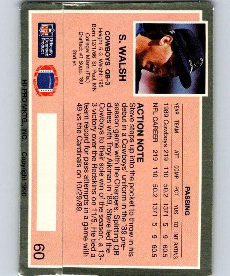 1990 Action Packed #60 Steve Walsh Cowboys NFL Football Image 2
