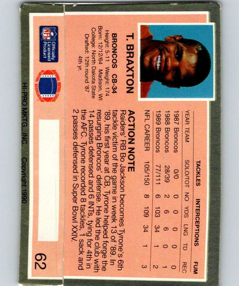1990 Action Packed #62 Tyrone Braxton Broncos NFL Football Image 2