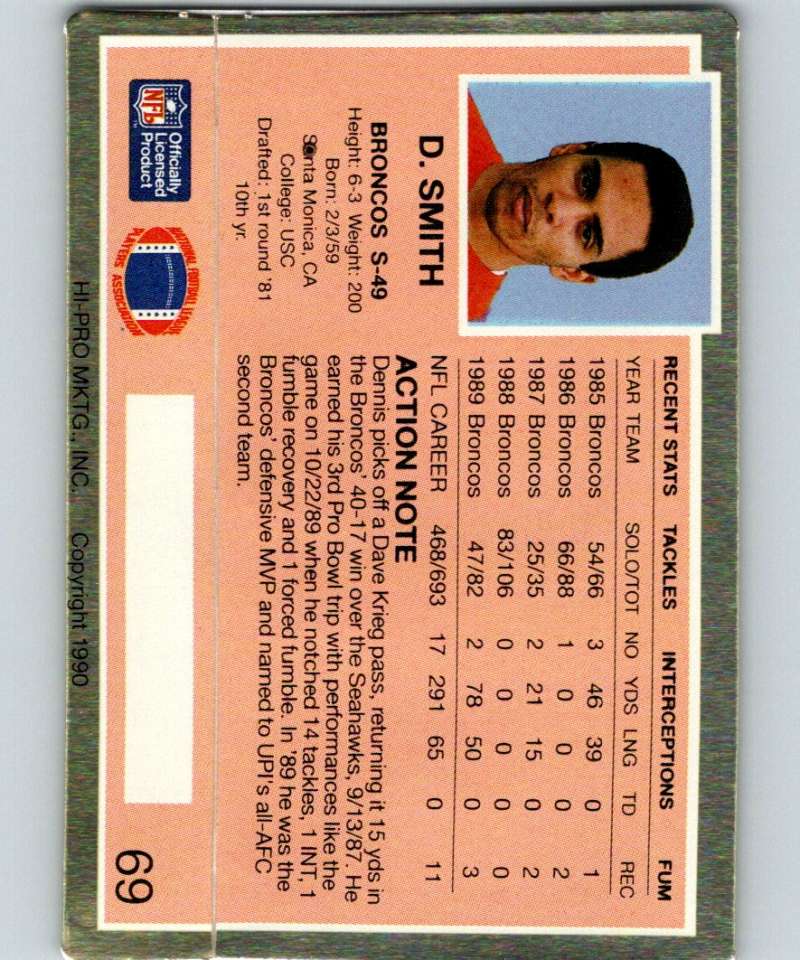 1990 Action Packed #69 Dennis Smith Broncos NFL Football Image 2