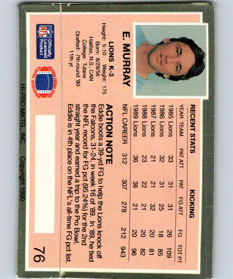 1990 Action Packed #76 Eddie Murray Lions NFL Football Image 2