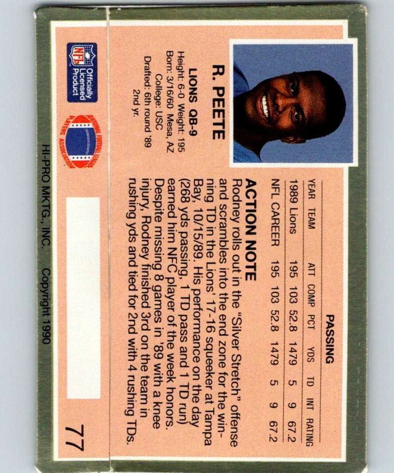 1990 Action Packed #77 Rodney Peete Lions NFL Football Image 2