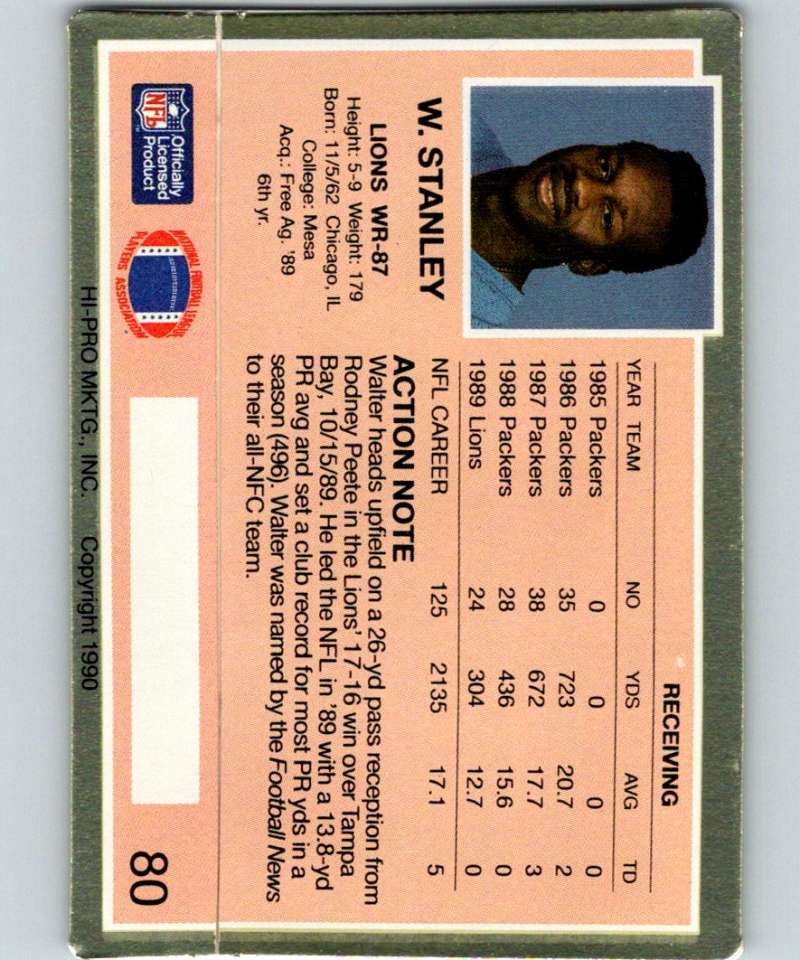 1990 Action Packed #80 Walter Stanley Lions NFL Football Image 2