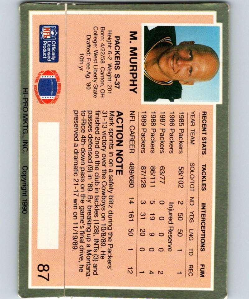 1990 Action Packed #87 Mark Murphy Packers NFL Football Image 2