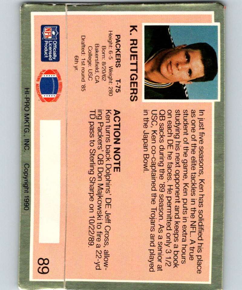 1990 Action Packed #89 Ken Ruettgers Packers NFL Football Image 2