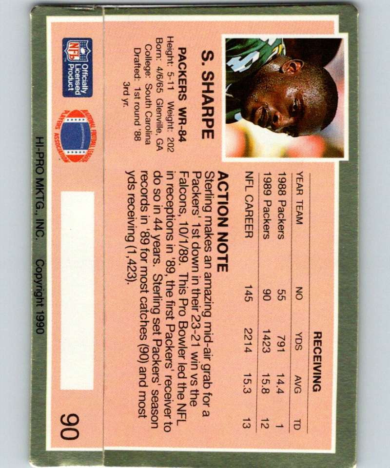 1990 Action Packed #90 Sterling Sharpe Packers NFL Football Image 2