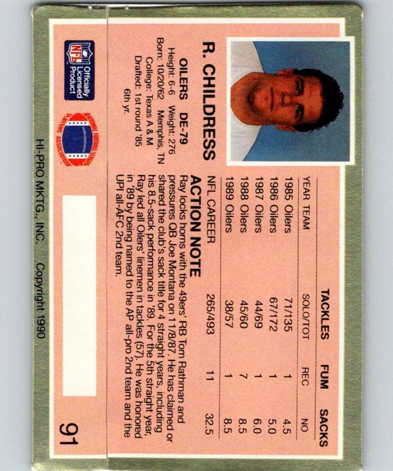 1990 Action Packed #91 Ray Childress Oilers NFL Football Image 2