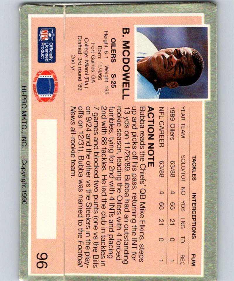 1990 Action Packed #96 Bubba McDowell Oilers NFL Football Image 2