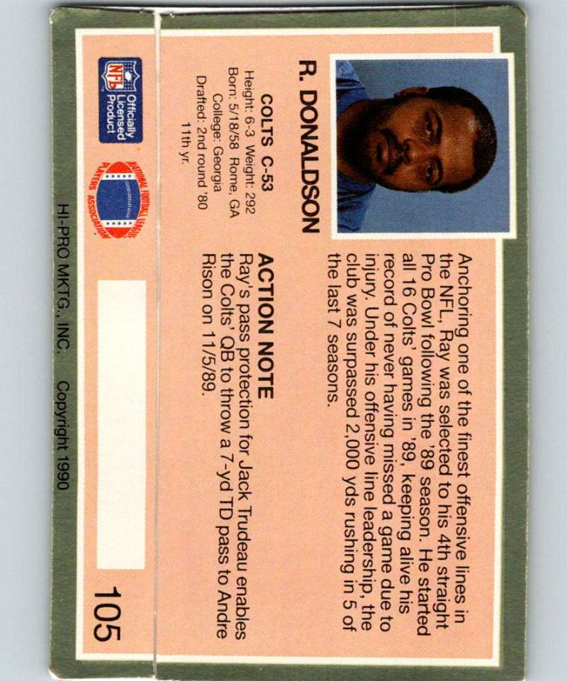 1990 Action Packed #105 Ray Donaldson Colts NFL Football Image 2