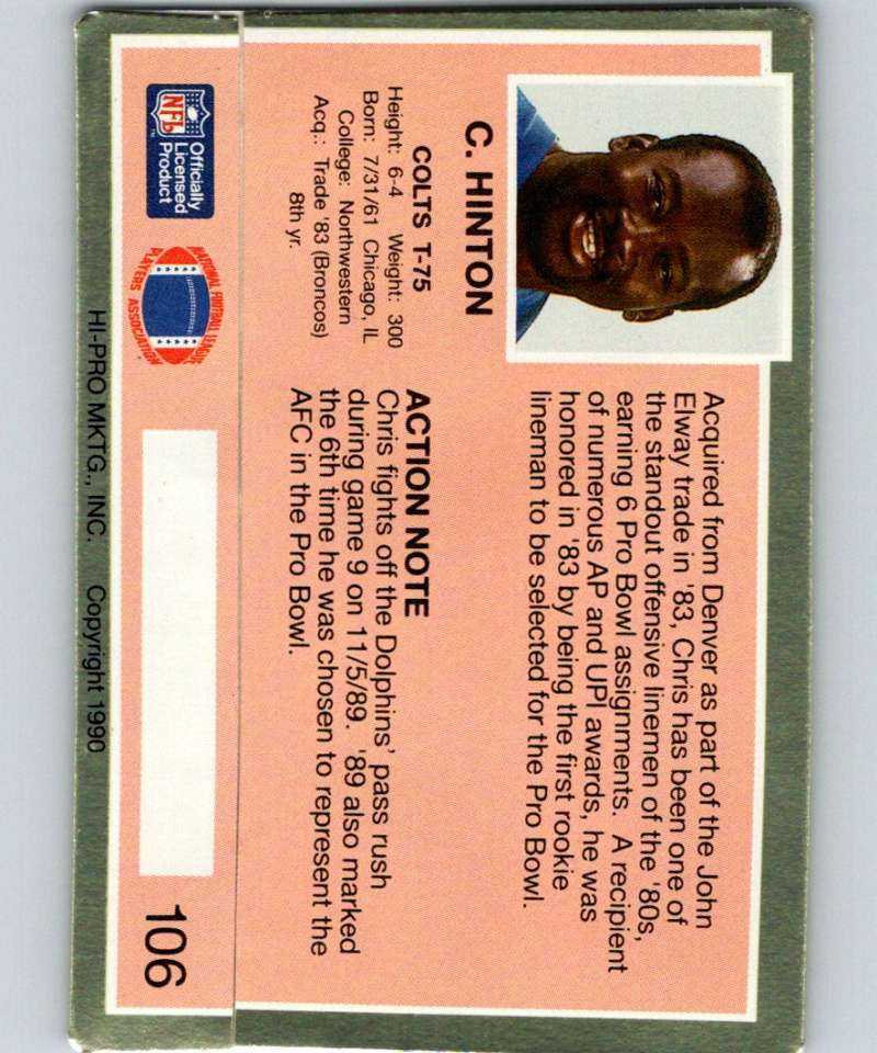 1990 Action Packed #106 Chris Hinton Colts NFL Football Image 2
