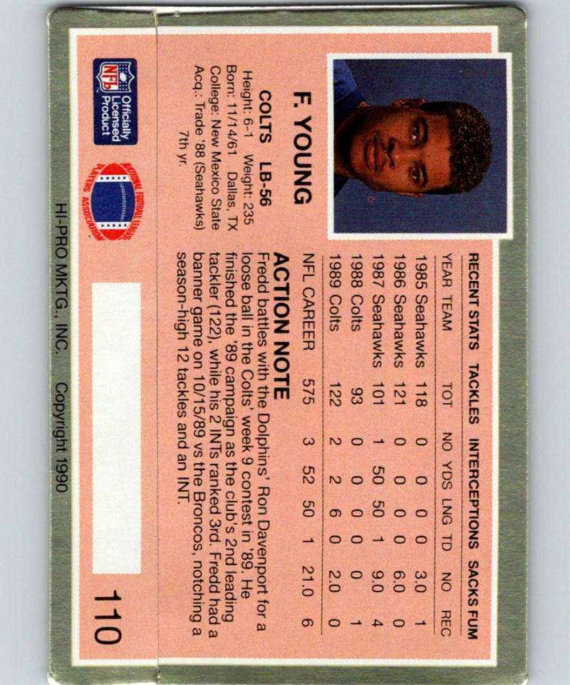 1990 Action Packed #110 Fredd Young Colts NFL Football Image 2