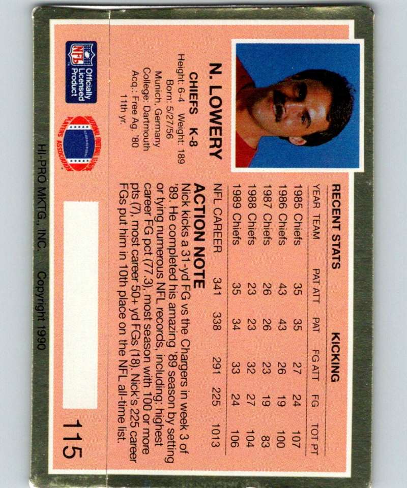 1990 Action Packed #115 Nick Lowery Chiefs NFL Football Image 2