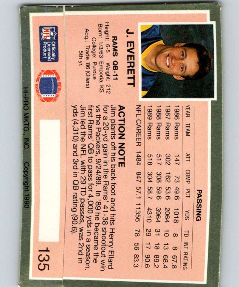1990 Action Packed #135 Jim Everett LA Rams NFL Football Image 2
