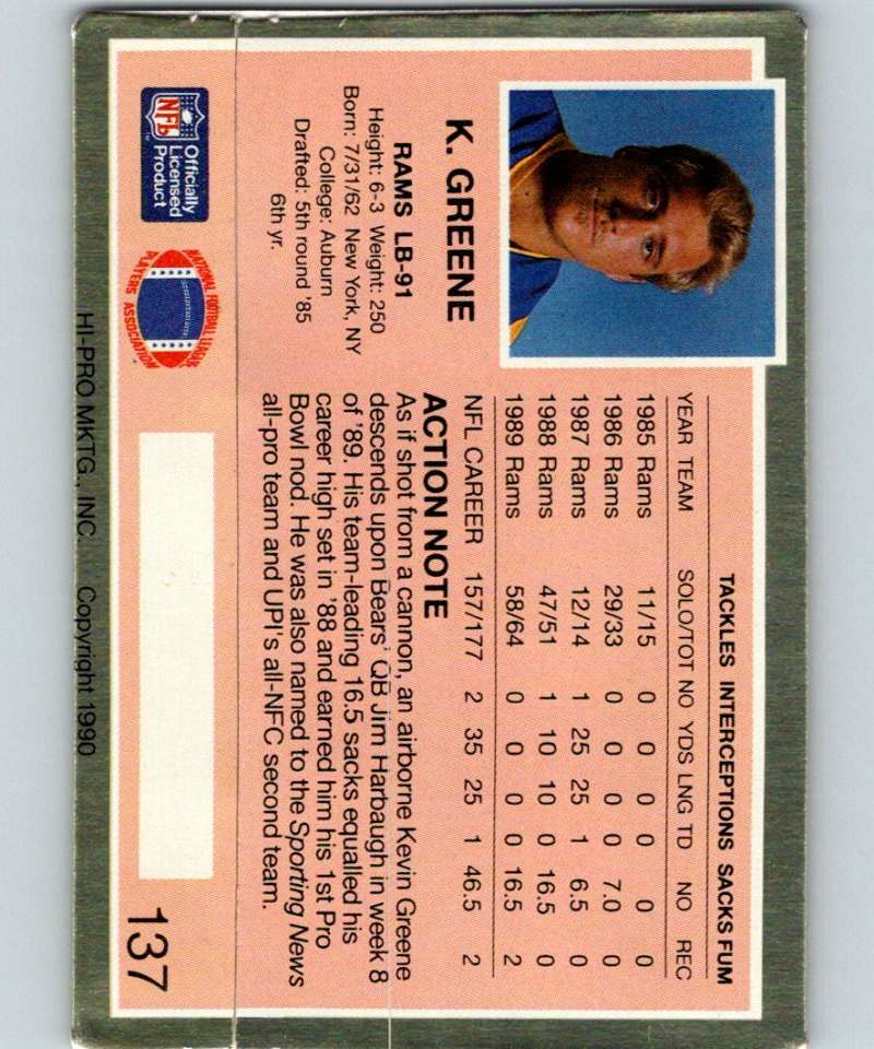1990 Action Packed #137 Kevin Greene LA Rams NFL Football Image 2