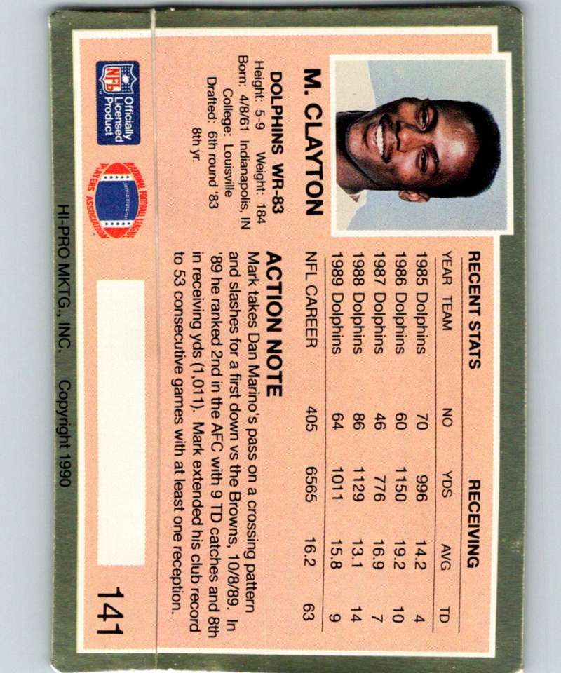 1990 Action Packed #141 Mark Clayton Dolphins NFL Football