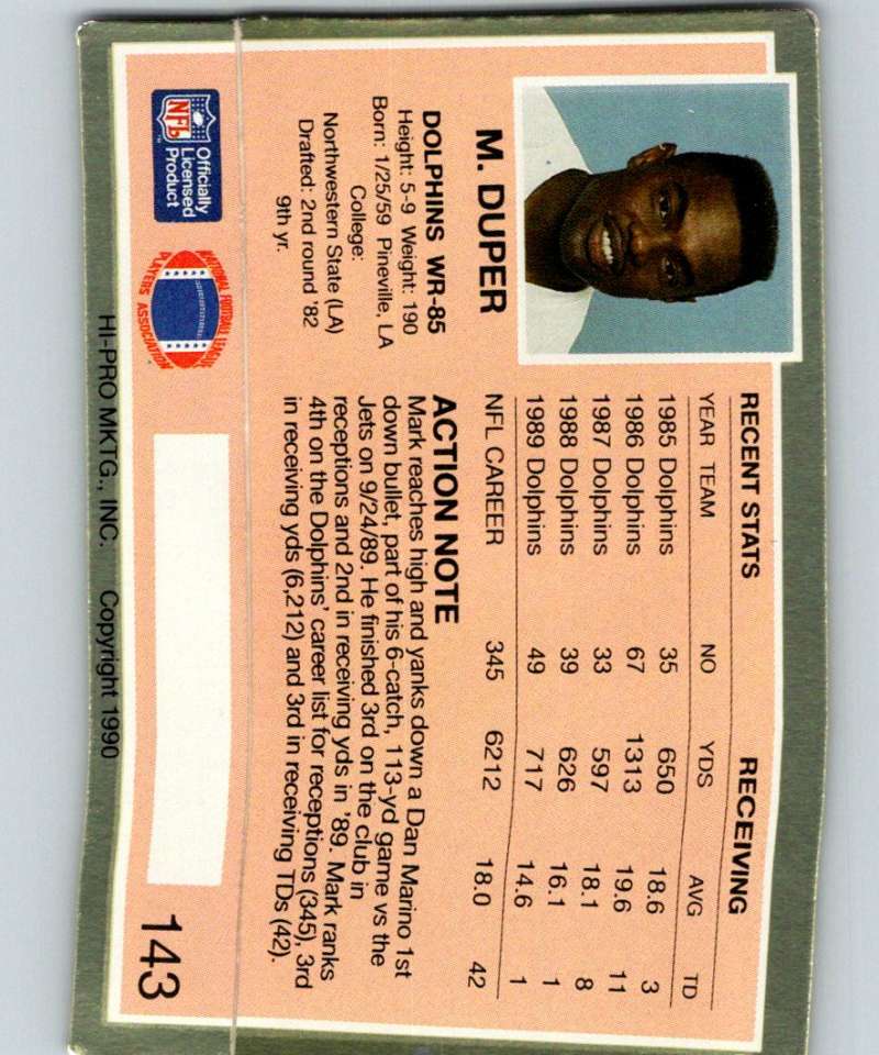 1990 Action Packed #143 Mark Duper Dolphins NFL Football Image 2