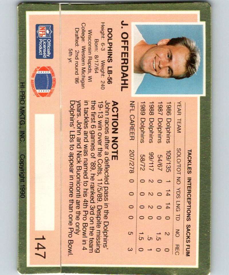 1990 Action Packed #147 John Offerdahl Dolphins NFL Football Image 2