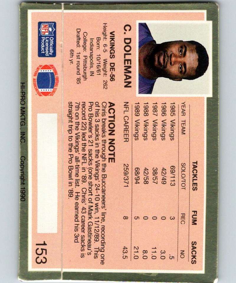 1990 Action Packed #153 Chris Doleman Vikings NFL Football Image 2