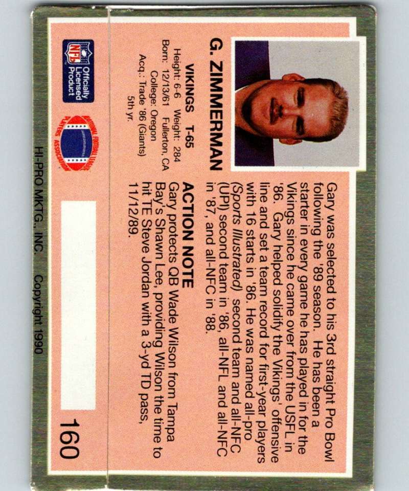 1990 Action Packed #160 Gary Zimmerman Vikings NFL Football Image 2