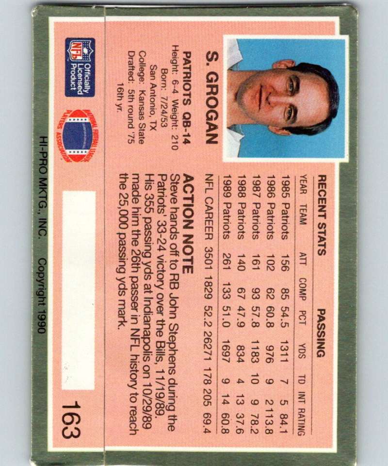 1990 Action Packed #163 Steve Grogan Patriots NFL Football Image 2