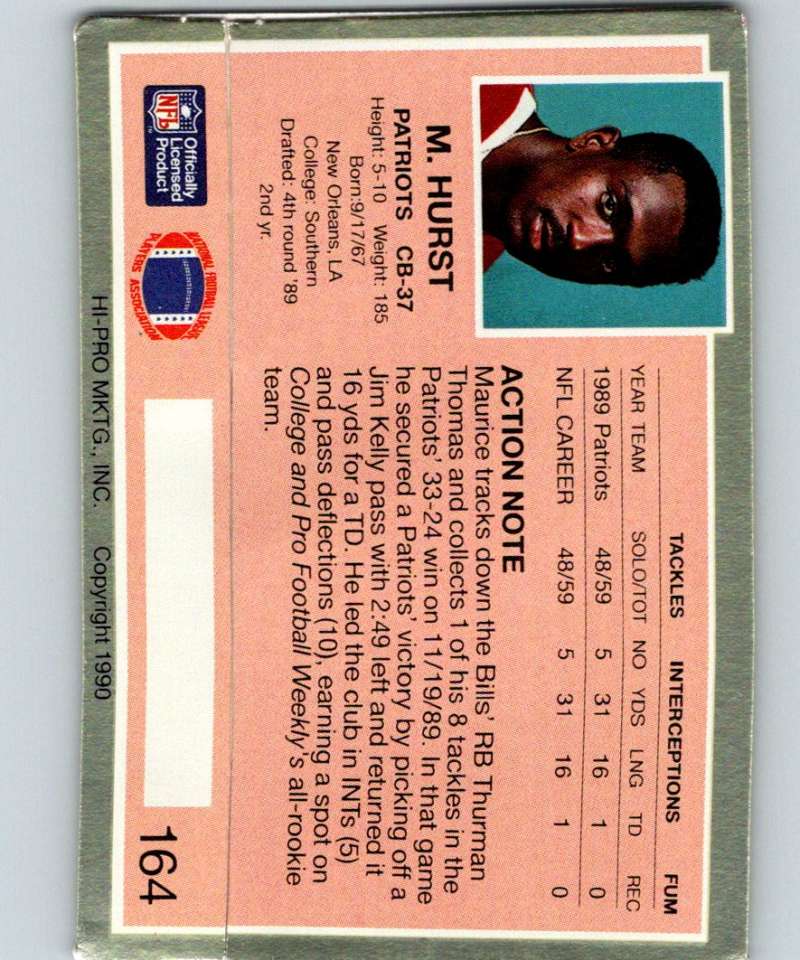 1990 Action Packed #164 Maurice Hurst RC Rookie Patriots NFL Football Image 2