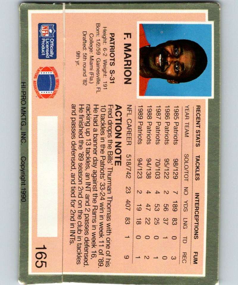 1990 Action Packed #165 Fred Marion Patriots NFL Football Image 2