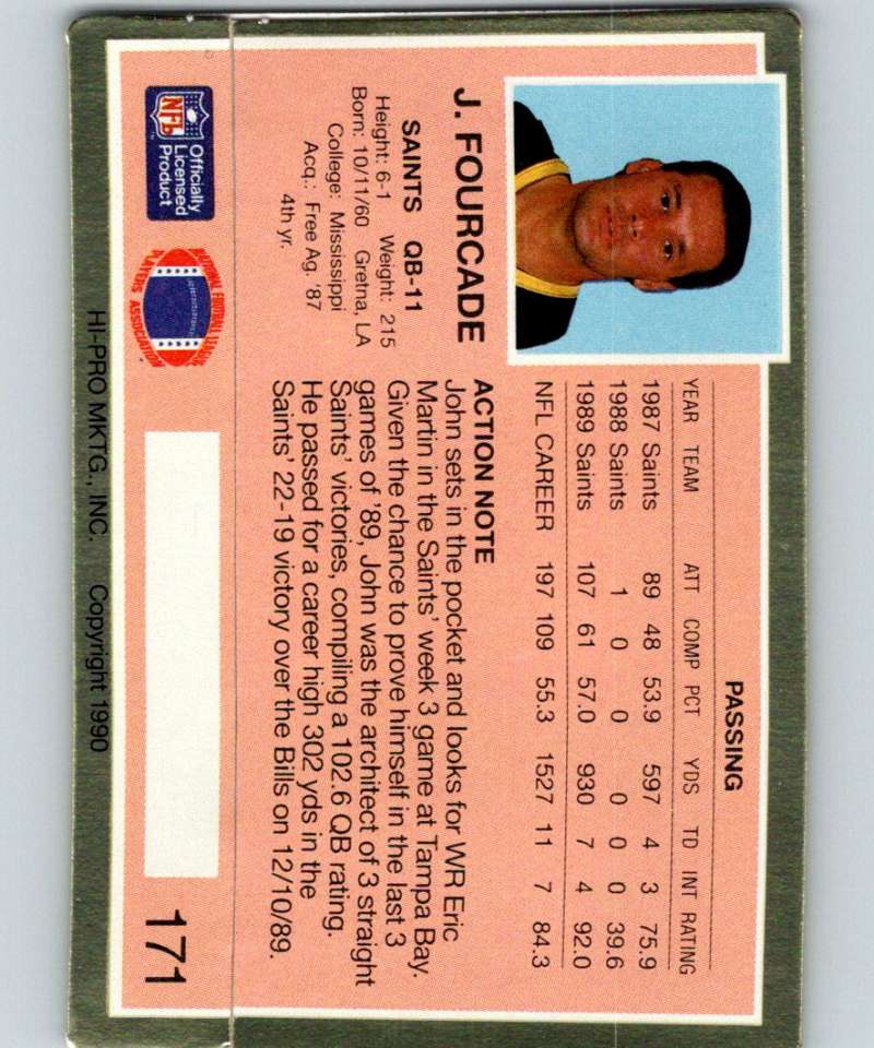 1990 Action Packed #171 John Fourcade Saints NFL Football Image 2
