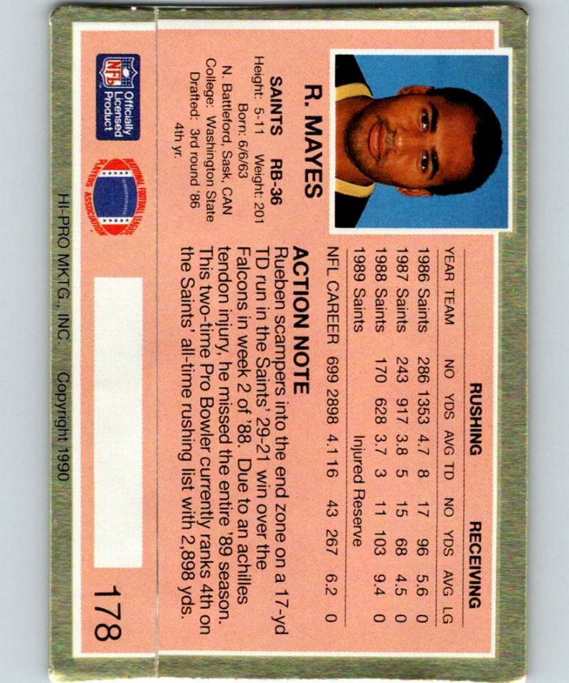 1990 Action Packed #178 Rueben Mayes Saints NFL Football Image 2