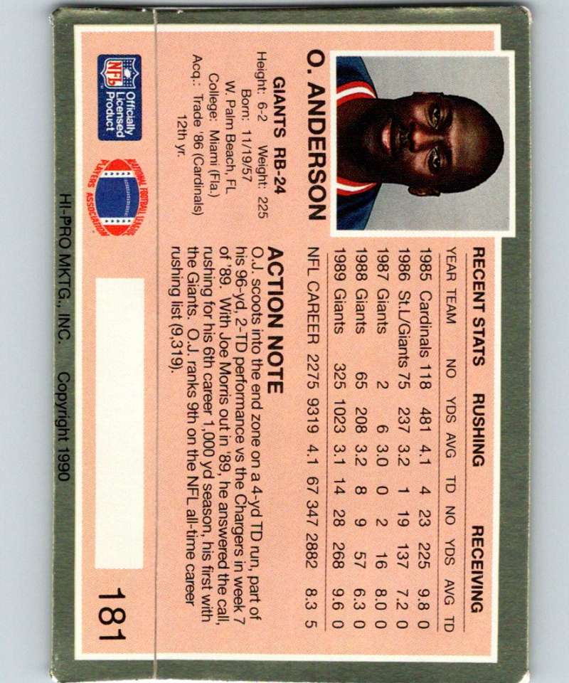 1990 Action Packed #181 Ottis Anderson NY Giants NFL Football Image 2