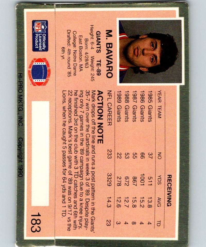 1990 Action Packed #183 Mark Bavaro NY Giants NFL Football Image 2
