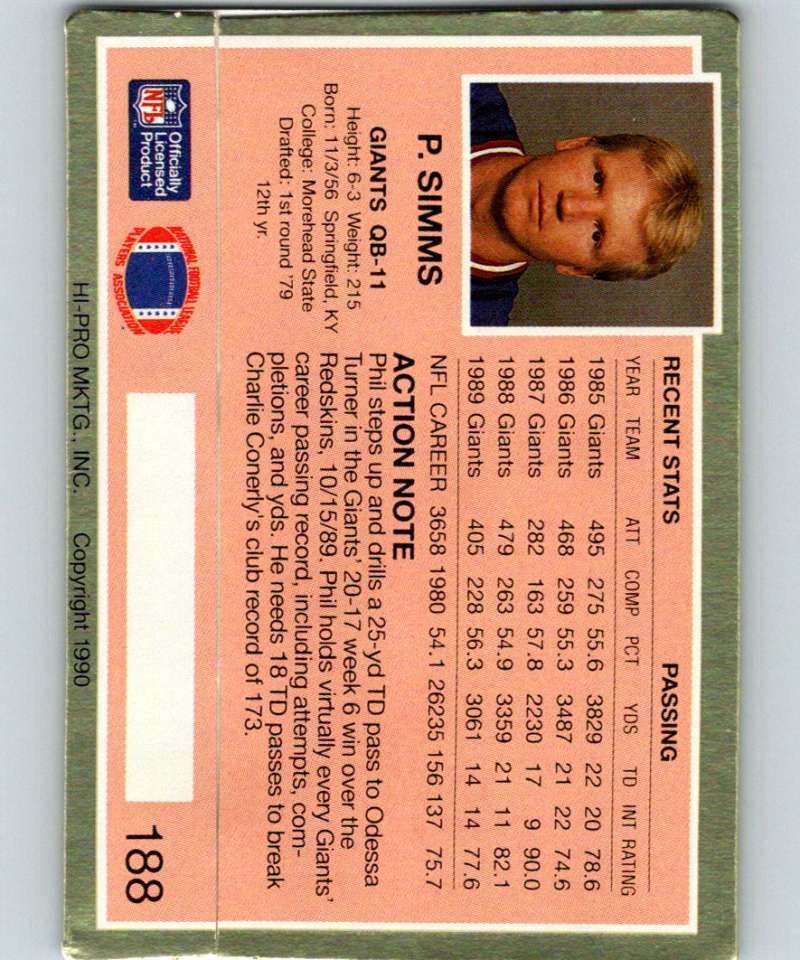 1990 Action Packed #188 Phil Simms NY Giants NFL Football Image 2
