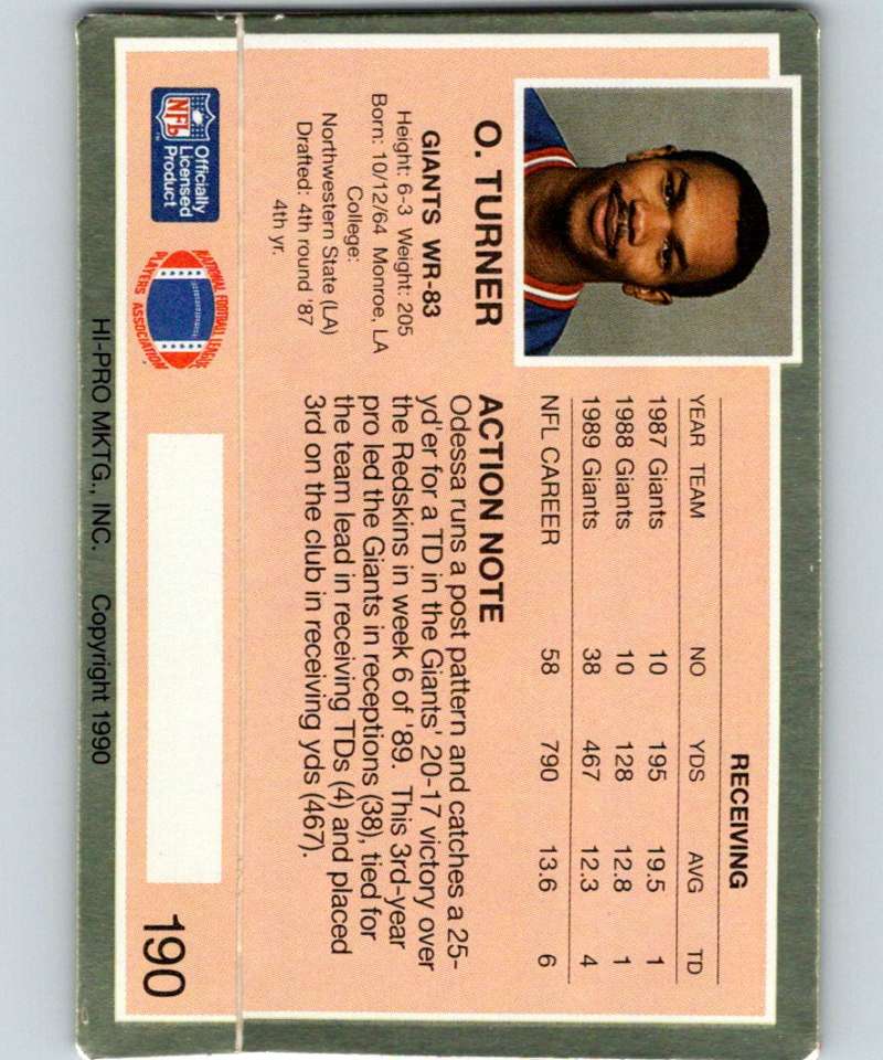 1990 Action Packed #190 Odessa Turner RC Rookie NY Giants NFL Football Image 2